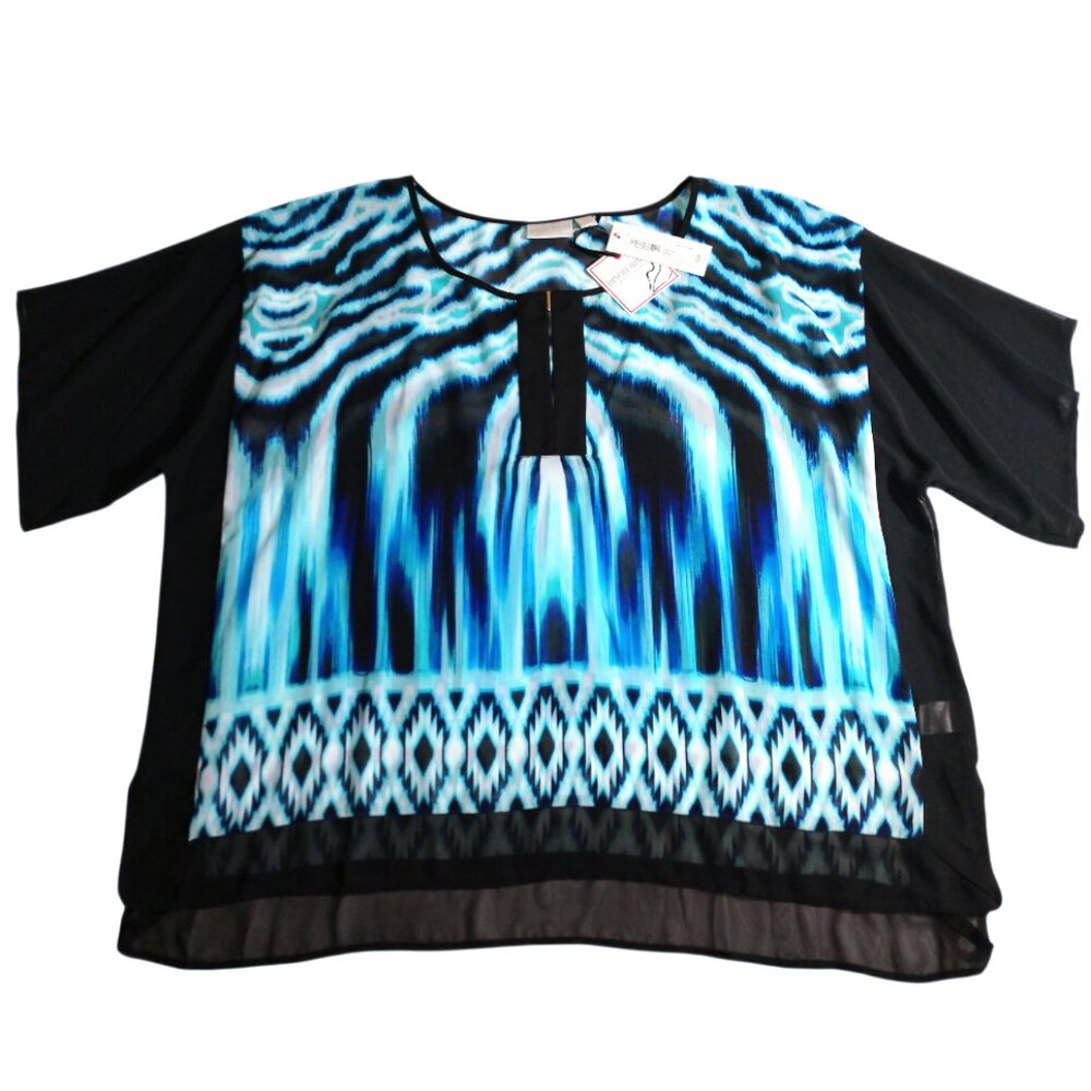 NWT Bisou Bisou Women's Blue/Black Sheer Tie Dye Shirt L Large